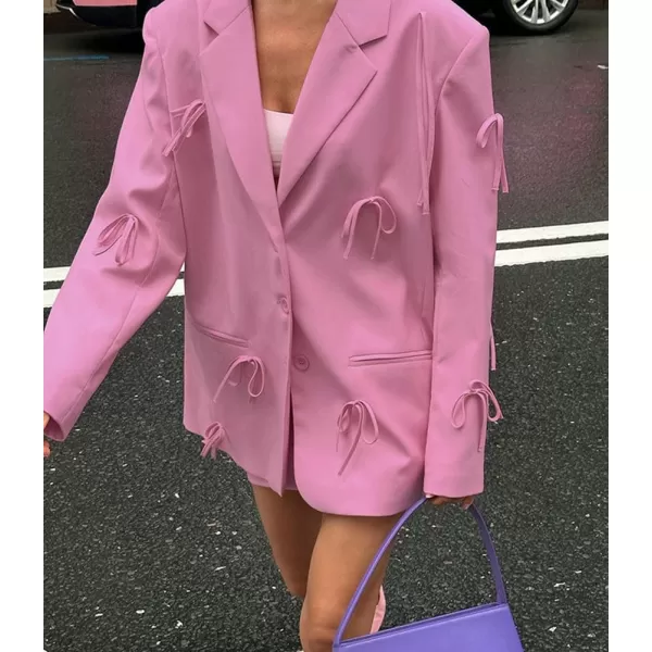 chouyatou Womens Cute Bow Trim Date Blazer Jacket Casual Lapel Single Breasted Going Out Suit JacketPink