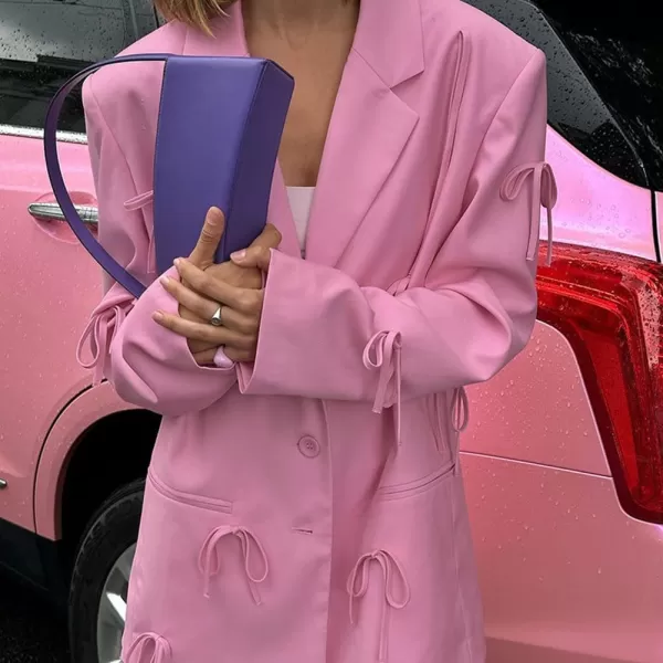 chouyatou Womens Cute Bow Trim Date Blazer Jacket Casual Lapel Single Breasted Going Out Suit JacketPink