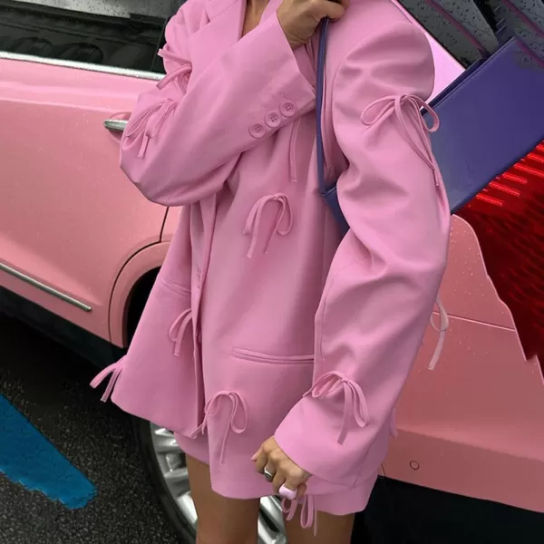 chouyatou Womens Cute Bow Trim Date Blazer Jacket Casual Lapel Single Breasted Going Out Suit JacketPink