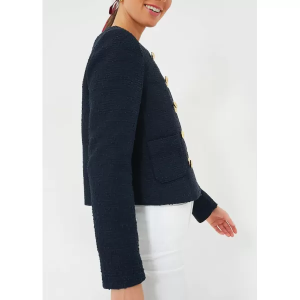 chouyatou Womens Double Breasted Tweed Blazer Jacket Business Casual Dressy Tweed Jacket Office Work SuitNavy Blue