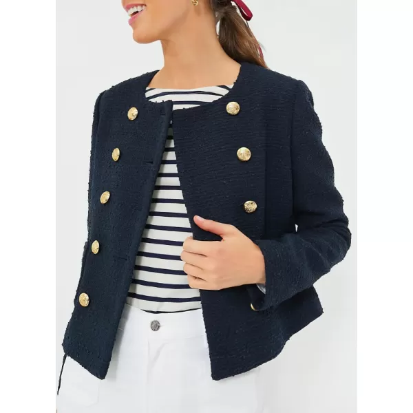 chouyatou Womens Double Breasted Tweed Blazer Jacket Business Casual Dressy Tweed Jacket Office Work SuitNavy Blue