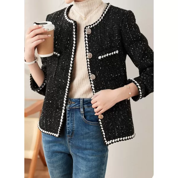 chouyatou Womens Elegant Business Casual Sparkle Sequin Tweed Blazer Jacket Open Front Short Suit TopBlack