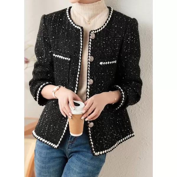 chouyatou Womens Elegant Business Casual Sparkle Sequin Tweed Blazer Jacket Open Front Short Suit TopBlack
