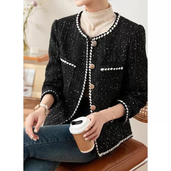 chouyatou Womens Elegant Business Casual Sparkle Sequin Tweed Blazer Jacket Open Front Short Suit TopBlack