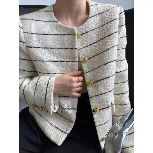 chouyatou Womens Elegant Business Casual Striped Tweed Blazer Cropped Jacket Open Front Short Suit TopBeige