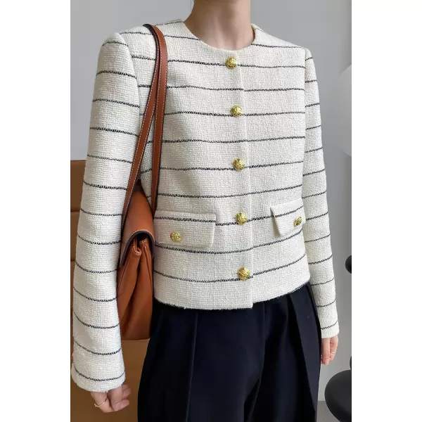 chouyatou Womens Elegant Business Casual Striped Tweed Blazer Cropped Jacket Open Front Short Suit TopBeige