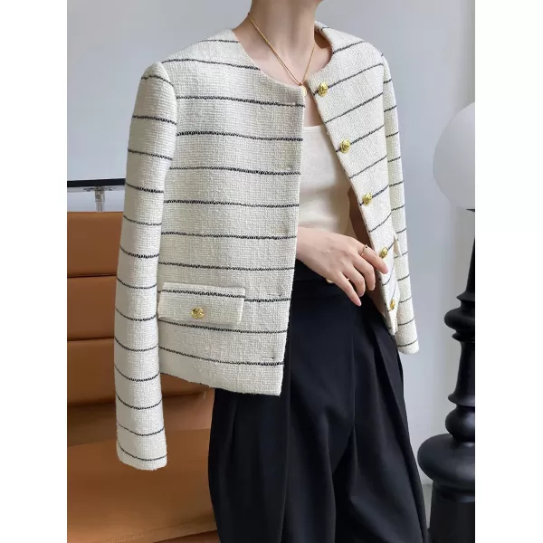 chouyatou Womens Elegant Business Casual Striped Tweed Blazer Cropped Jacket Open Front Short Suit TopBeige