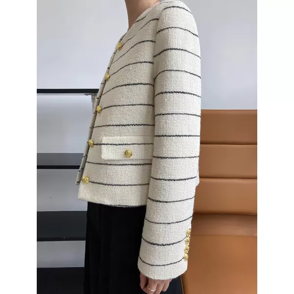 chouyatou Womens Elegant Business Casual Striped Tweed Blazer Cropped Jacket Open Front Short Suit TopBeige