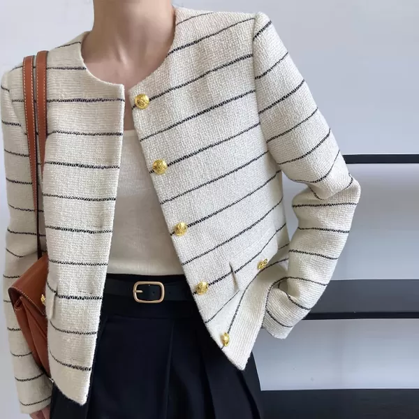 chouyatou Womens Elegant Business Casual Striped Tweed Blazer Cropped Jacket Open Front Short Suit TopBeige