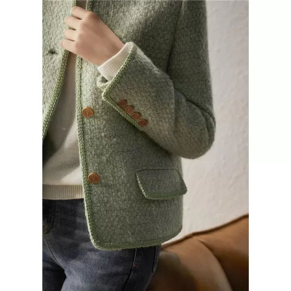 chouyatou Womens Fall Business Casual Button Down Tweed Blazer Jacket Collarless Dressy Jacket Office Work CoatGreen