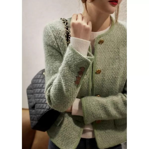 chouyatou Womens Fall Business Casual Button Down Tweed Blazer Jacket Collarless Dressy Jacket Office Work CoatGreen