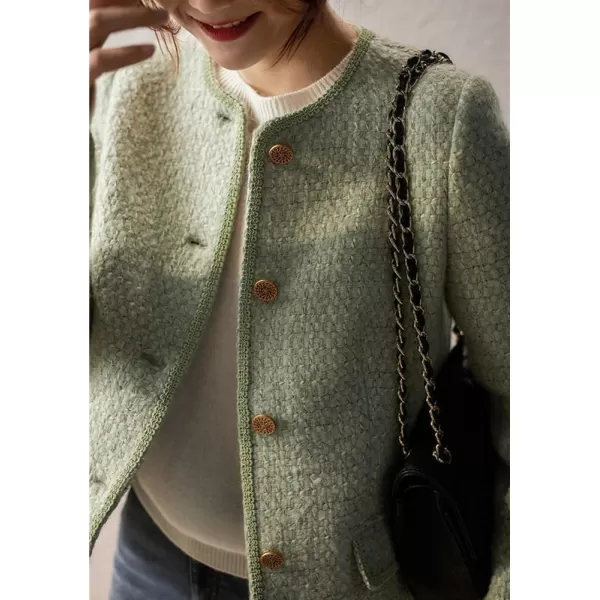 chouyatou Womens Fall Business Casual Button Down Tweed Blazer Jacket Collarless Dressy Jacket Office Work CoatGreen