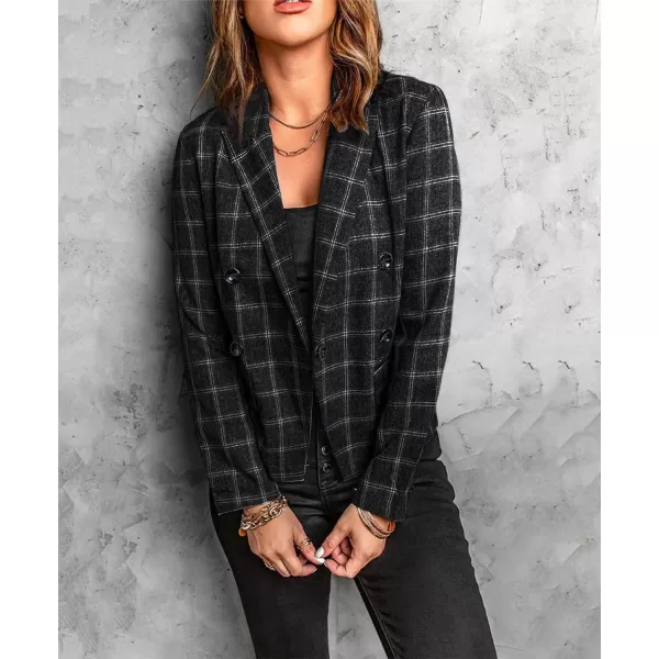 chouyatou Womens Fall Office Work Plaid Blazer Jacket Double Breasted Business Casual Blazer SuitBlack