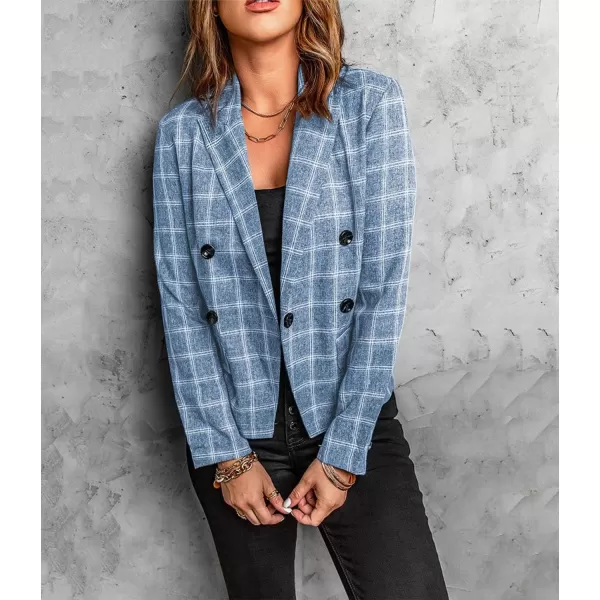 chouyatou Womens Fall Office Work Plaid Blazer Jacket Double Breasted Business Casual Blazer SuitBlue