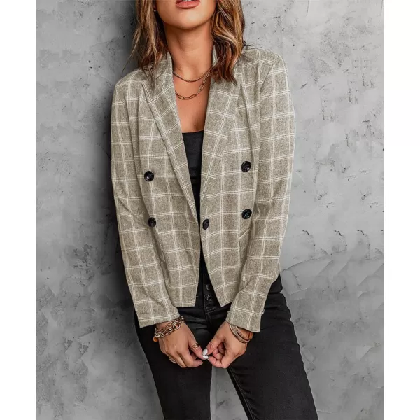 chouyatou Womens Fall Office Work Plaid Blazer Jacket Double Breasted Business Casual Blazer SuitKhaki