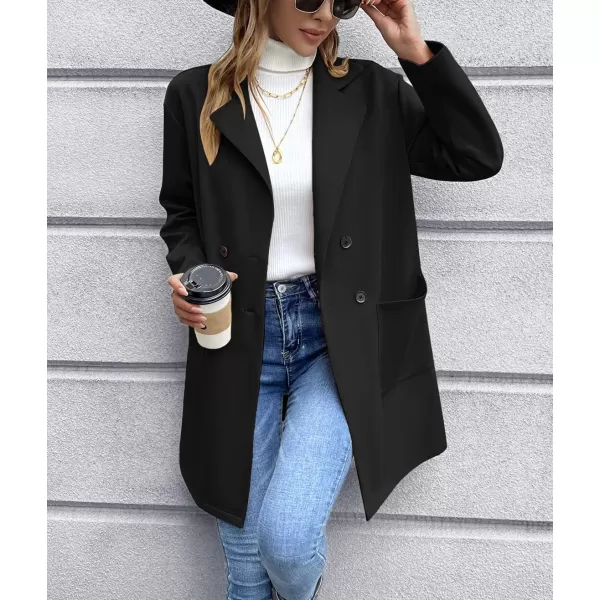 chouyatou Womens Notched Lapel Double Breasted Office Work Knit Blazer JacketBlack