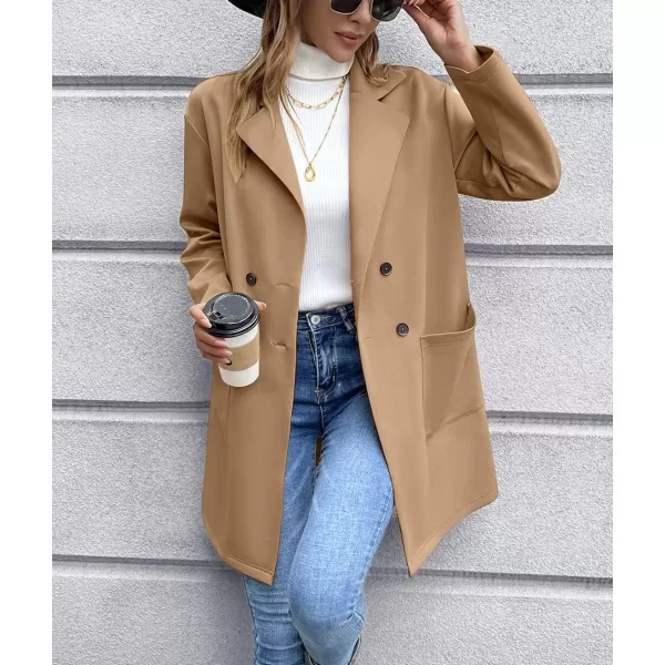 chouyatou Womens Notched Lapel Double Breasted Office Work Knit Blazer JacketKhaki