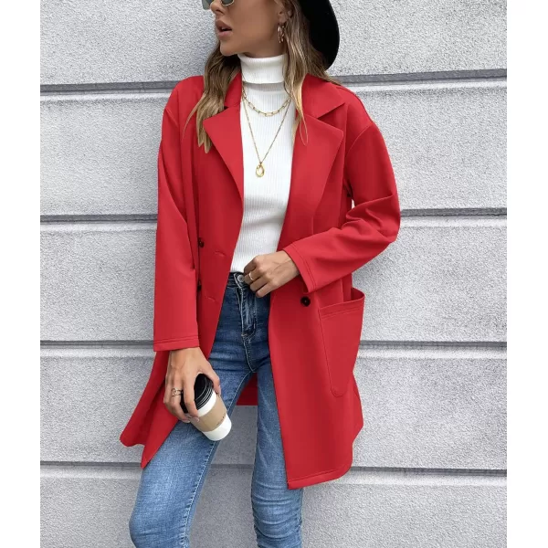chouyatou Womens Notched Lapel Double Breasted Office Work Knit Blazer JacketRed