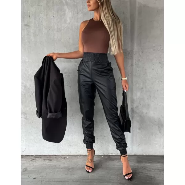 chouyatou Womens Smocked Waist Tapered Leg Pu Faux Leather Jogger Pants with PocketsBlack