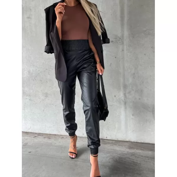 chouyatou Womens Smocked Waist Tapered Leg Pu Faux Leather Jogger Pants with PocketsBlack