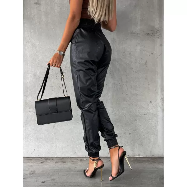 chouyatou Womens Smocked Waist Tapered Leg Pu Faux Leather Jogger Pants with PocketsBlack
