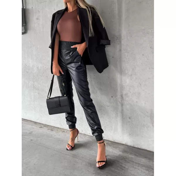 chouyatou Womens Smocked Waist Tapered Leg Pu Faux Leather Jogger Pants with PocketsBlack