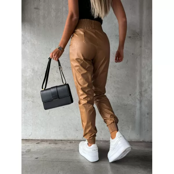 chouyatou Womens Smocked Waist Tapered Leg Pu Faux Leather Jogger Pants with PocketsCaramel