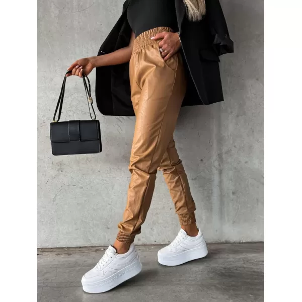 chouyatou Womens Smocked Waist Tapered Leg Pu Faux Leather Jogger Pants with PocketsCaramel