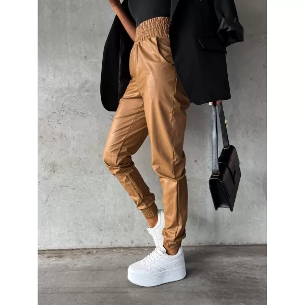 chouyatou Womens Smocked Waist Tapered Leg Pu Faux Leather Jogger Pants with PocketsCaramel