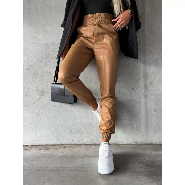 chouyatou Womens Smocked Waist Tapered Leg Pu Faux Leather Jogger Pants with PocketsCaramel