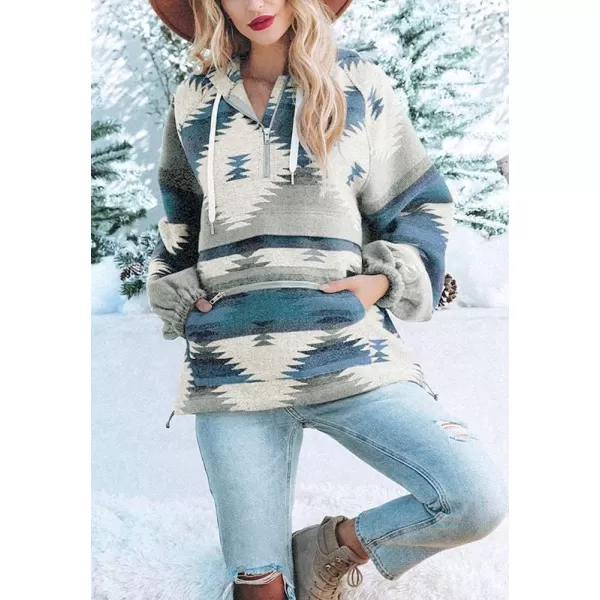 chouyatou Womens Tribal Aztec Print Hooded Half Zip Fuzzy Fleece Hoodie Sweatshirt TopsBlue
