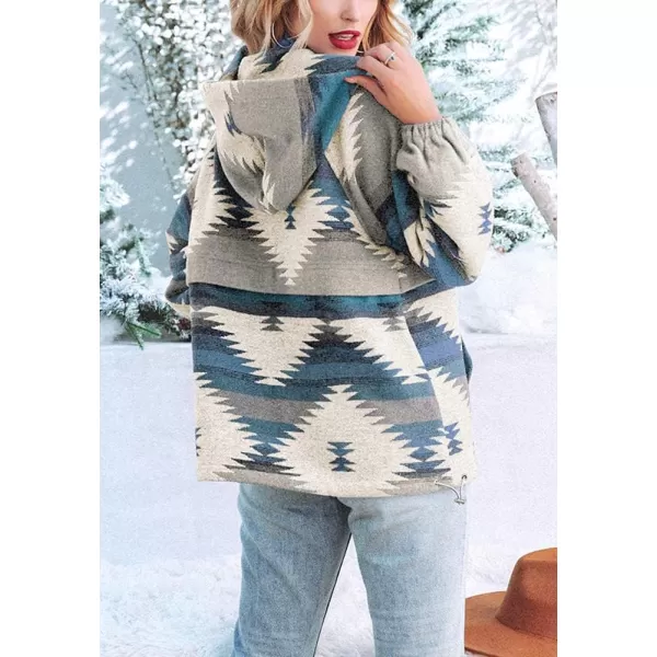 chouyatou Womens Tribal Aztec Print Hooded Half Zip Fuzzy Fleece Hoodie Sweatshirt TopsBlue
