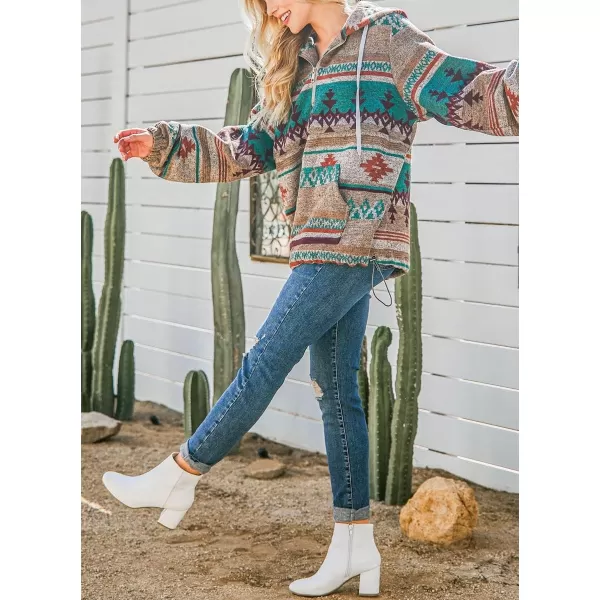 chouyatou Womens Tribal Aztec Print Hooded Half Zip Fuzzy Fleece Hoodie Sweatshirt TopsGreen
