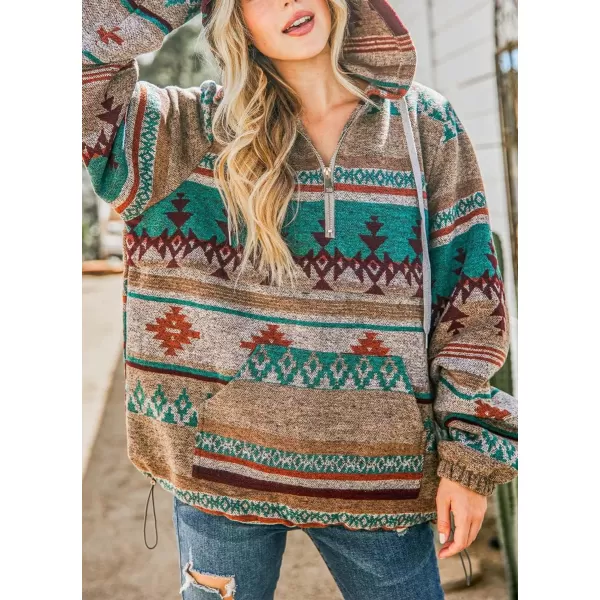 chouyatou Womens Tribal Aztec Print Hooded Half Zip Fuzzy Fleece Hoodie Sweatshirt TopsGreen