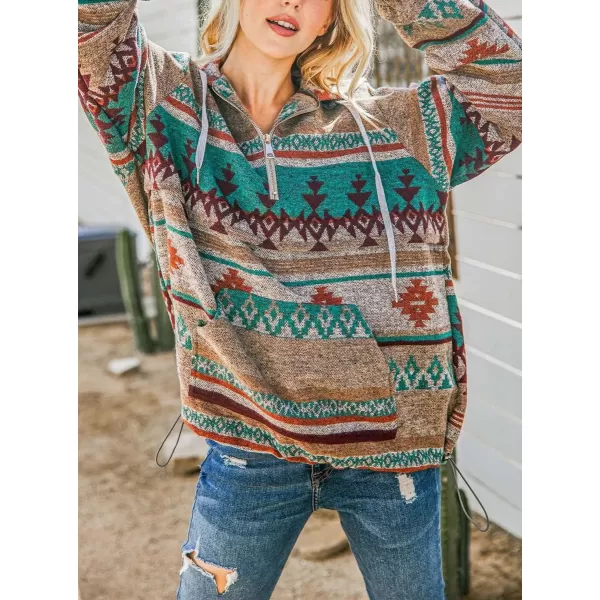 chouyatou Womens Tribal Aztec Print Hooded Half Zip Fuzzy Fleece Hoodie Sweatshirt TopsGreen
