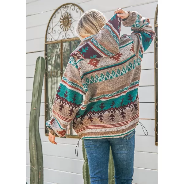 chouyatou Womens Tribal Aztec Print Hooded Half Zip Fuzzy Fleece Hoodie Sweatshirt TopsGreen