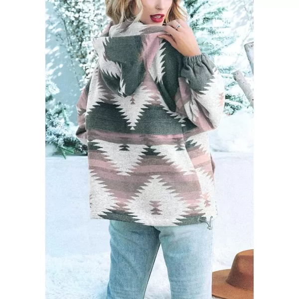 chouyatou Womens Tribal Aztec Print Hooded Half Zip Fuzzy Fleece Hoodie Sweatshirt TopsPink
