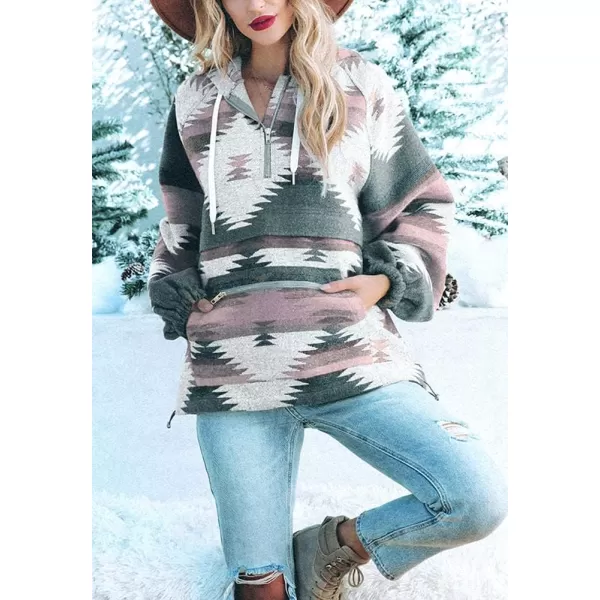 chouyatou Womens Tribal Aztec Print Hooded Half Zip Fuzzy Fleece Hoodie Sweatshirt TopsPink
