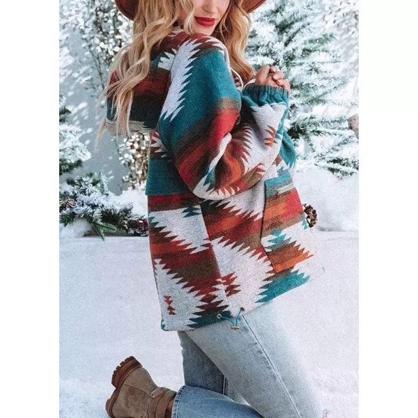chouyatou Womens Tribal Aztec Print Hooded Half Zip Fuzzy Fleece Hoodie Sweatshirt TopsRed