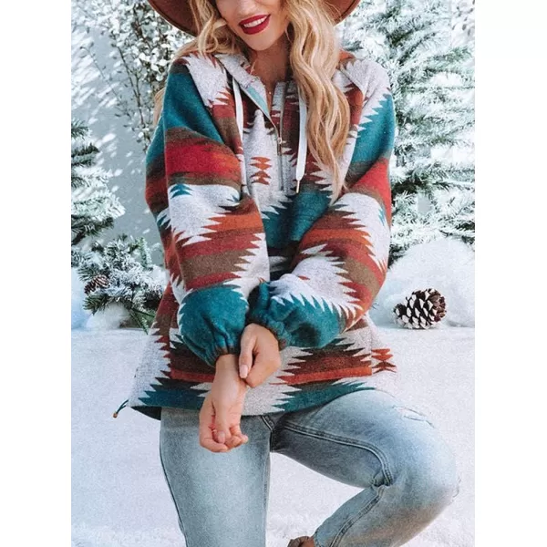 chouyatou Womens Tribal Aztec Print Hooded Half Zip Fuzzy Fleece Hoodie Sweatshirt TopsRed