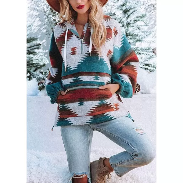 chouyatou Womens Tribal Aztec Print Hooded Half Zip Fuzzy Fleece Hoodie Sweatshirt TopsRed