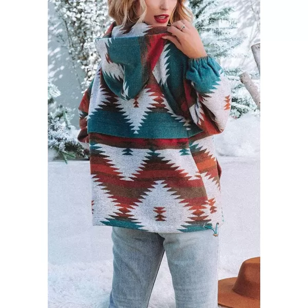 chouyatou Womens Tribal Aztec Print Hooded Half Zip Fuzzy Fleece Hoodie Sweatshirt TopsRed