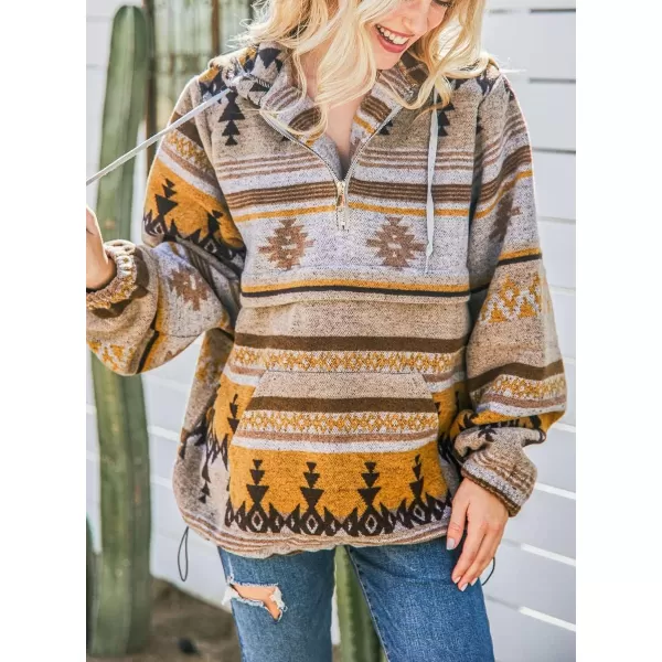 chouyatou Womens Tribal Aztec Print Hooded Half Zip Fuzzy Fleece Hoodie Sweatshirt TopsYellow