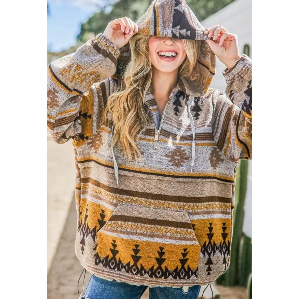 chouyatou Womens Tribal Aztec Print Hooded Half Zip Fuzzy Fleece Hoodie Sweatshirt TopsYellow