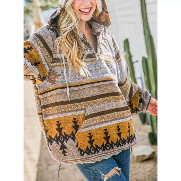 chouyatou Womens Tribal Aztec Print Hooded Half Zip Fuzzy Fleece Hoodie Sweatshirt TopsYellow