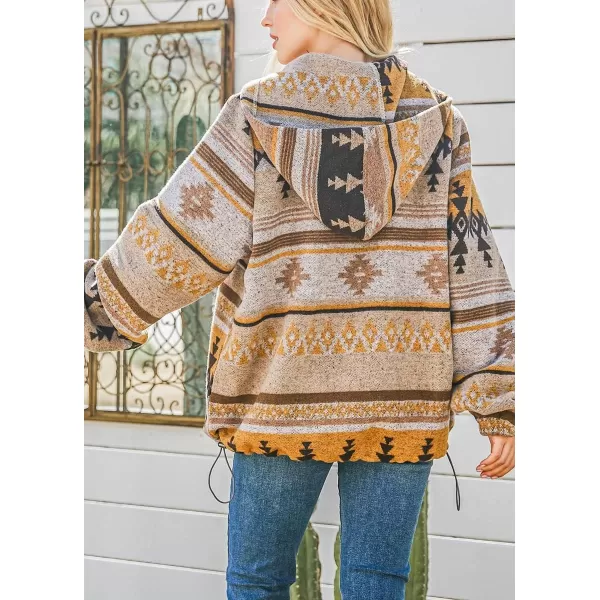 chouyatou Womens Tribal Aztec Print Hooded Half Zip Fuzzy Fleece Hoodie Sweatshirt TopsYellow
