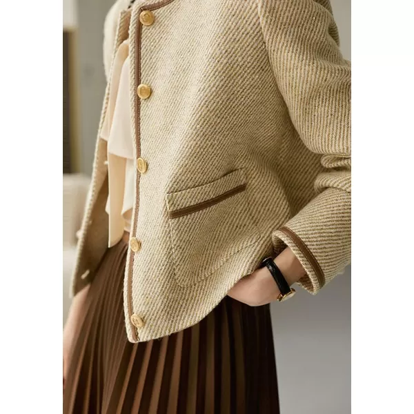chouyatou Womens Vintage Striped Collarless Tweed Jacket Button Down Business Casual Cropped Blazer JacketBeige Yellow