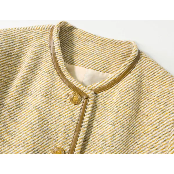 chouyatou Womens Vintage Striped Collarless Tweed Jacket Button Down Business Casual Cropped Blazer JacketBeige Yellow