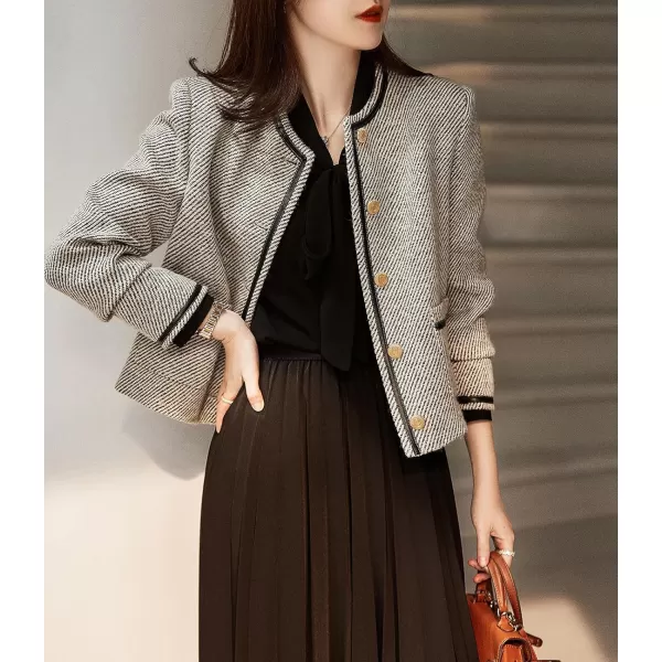chouyatou Womens Vintage Striped Collarless Tweed Jacket Button Down Business Casual Cropped Blazer JacketBlack Gray
