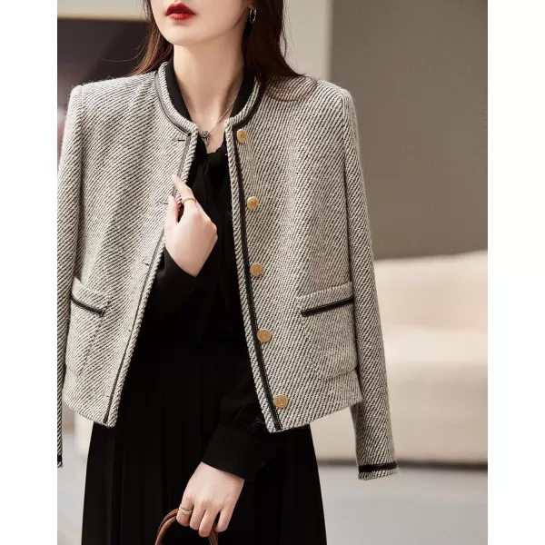 chouyatou Womens Vintage Striped Collarless Tweed Jacket Button Down Business Casual Cropped Blazer JacketBlack Gray